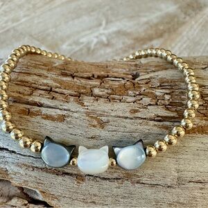 Handmade 14k gold filled stretch bead bracelet + mother of pearl kitties